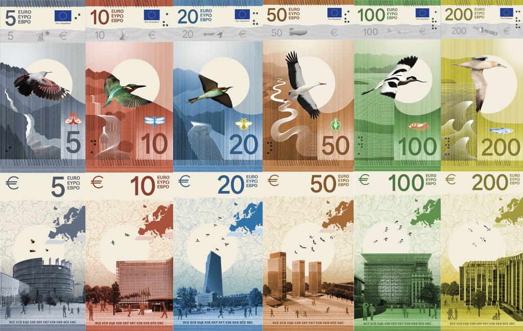 Proposition Studio Idaë pour les futurs billets en euros : série Fleuves et oiseaux, coupures de 5 à 200 euros (recto et verso)